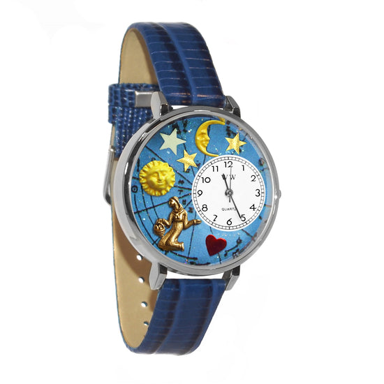 Whimsical Gifts | Virgo Zodiac 3D Watch Large Style | Handmade in USA | Zodiac & Celestial |  | Novelty Unique Fun Miniatures Gift | Silver Finish Royal Blue Leather Watch Band