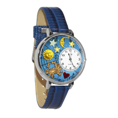 Whimsical Gifts | Cancer Zodiac 3D Watch Large Style | Handmade in USA | Zodiac & Celestial |  | Novelty Unique Fun Miniatures Gift | Silver Finish Royal Blue Leather Watch Band