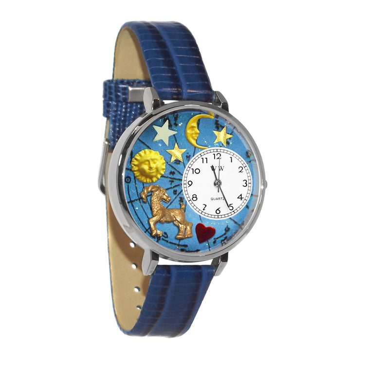 Whimsical Gifts | Capricorn Zodiac 3D Watch Large Style | Handmade in USA | Zodiac & Celestial |  | Novelty Unique Fun Miniatures Gift | Silver Finish Royal Blue Leather Watch Band