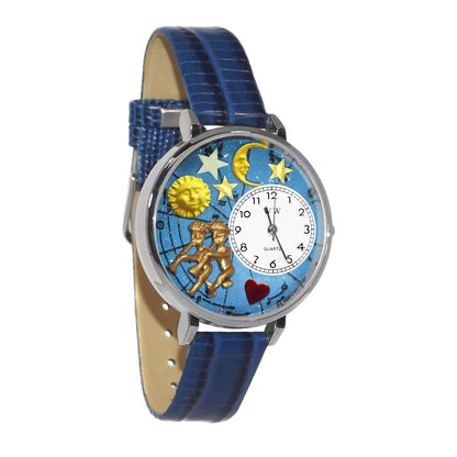 Whimsical Gifts | Gemini Zodiac 3D Watch Large Style | Handmade in USA | Zodiac & Celestial |  | Novelty Unique Fun Miniatures Gift | Silver Finish Royal Blue Leather Watch Band