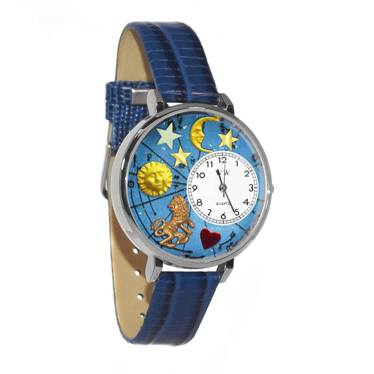Whimsical Gifts | Leo Zodiac 3D Watch Large Style | Handmade in USA | Zodiac & Celestial |  | Novelty Unique Fun Miniatures Gift | Silver Finish Royal Blue Leather Watch Band