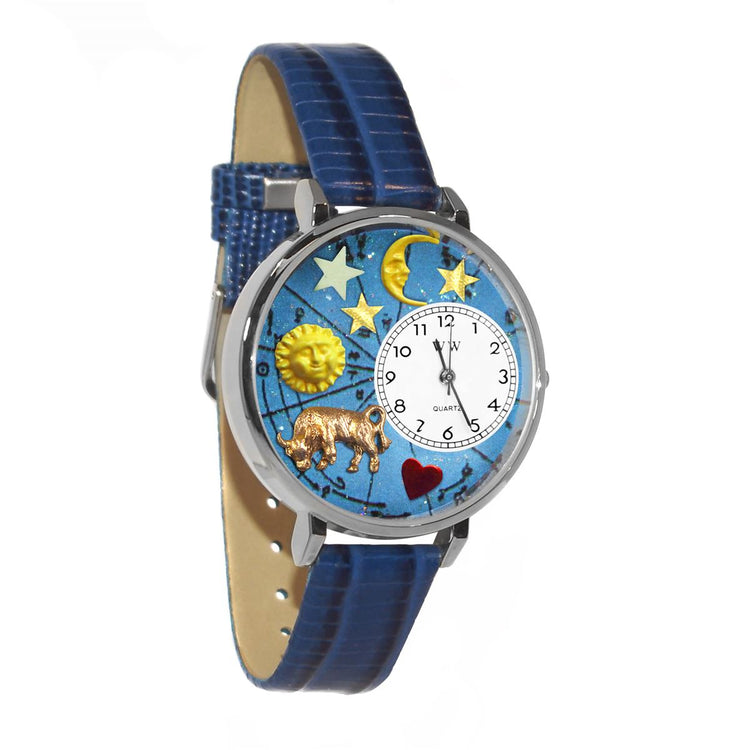 Whimsical Gifts | Taurus Zodiac 3D Watch Large Style | Handmade in USA | Zodiac & Celestial |  | Novelty Unique Fun Miniatures Gift | Silver Finish Royal Blue Leather Watch Band