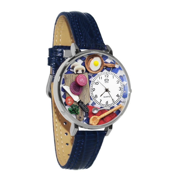 Whimsical Gifts | Chef Cooking 3D Watch Large Style | Handmade in USA | Hobbies & Special Interests | Chef | Cooking | Baking | Novelty Unique Fun Miniatures Gift | Silver Finish Navy Blue Leather Watch Band
