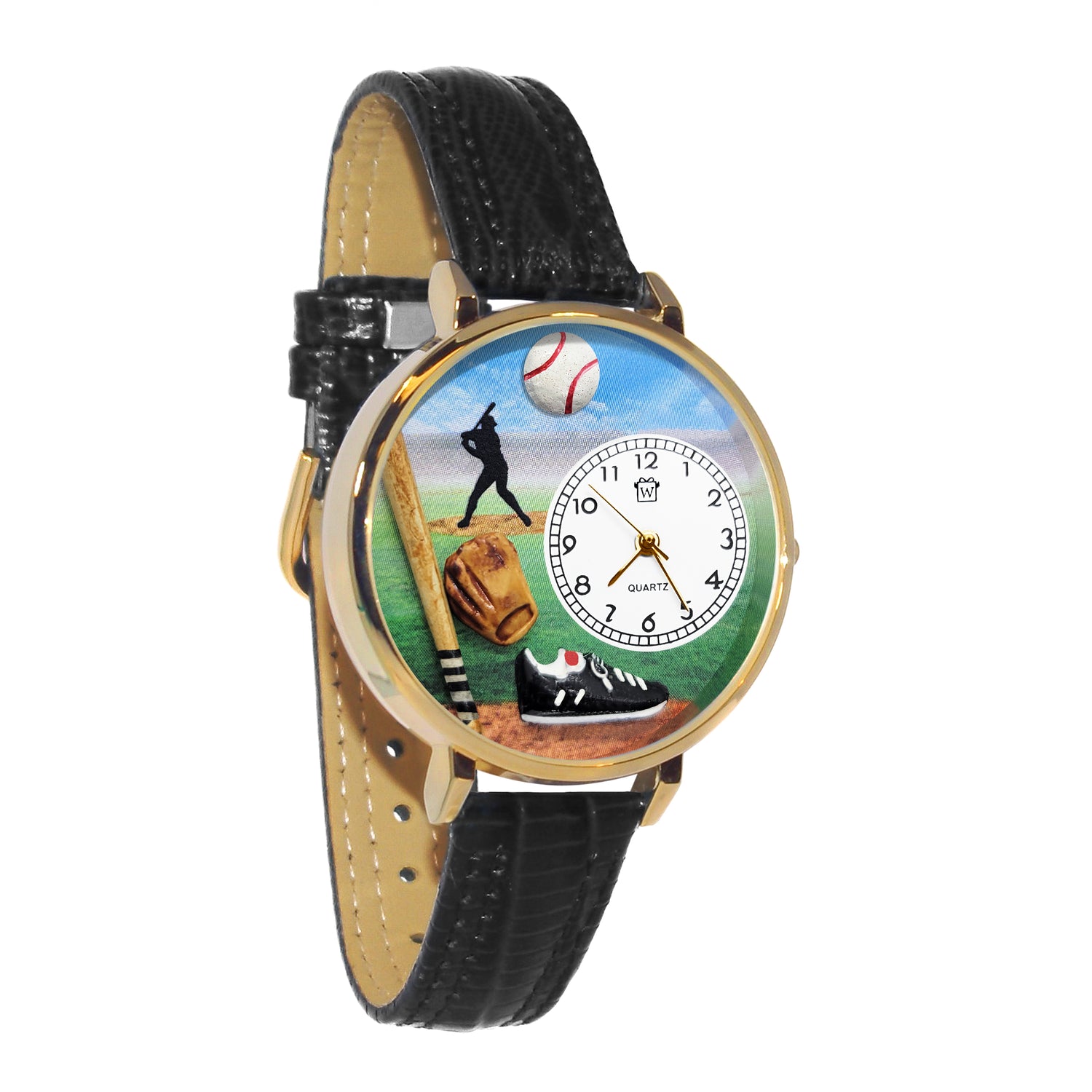 Whimsical Gifts | Baseball 3D Watch Large Style | Handmade in USA | Hobbies & Special Interests | Sports | Novelty Unique Fun Miniatures Gift | Gold Finish Black Leather Watch Band