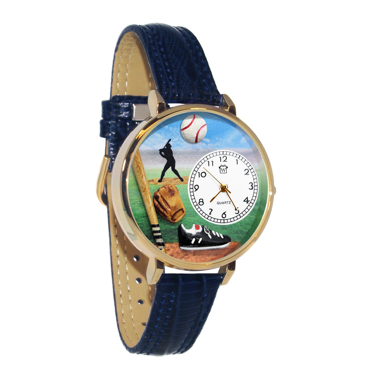 Whimsical Gifts | Baseball 3D Watch Large Style | Handmade in USA | Hobbies & Special Interests | Sports | Novelty Unique Fun Miniatures Gift | Gold Finish Navy Blue Leather Watch Band