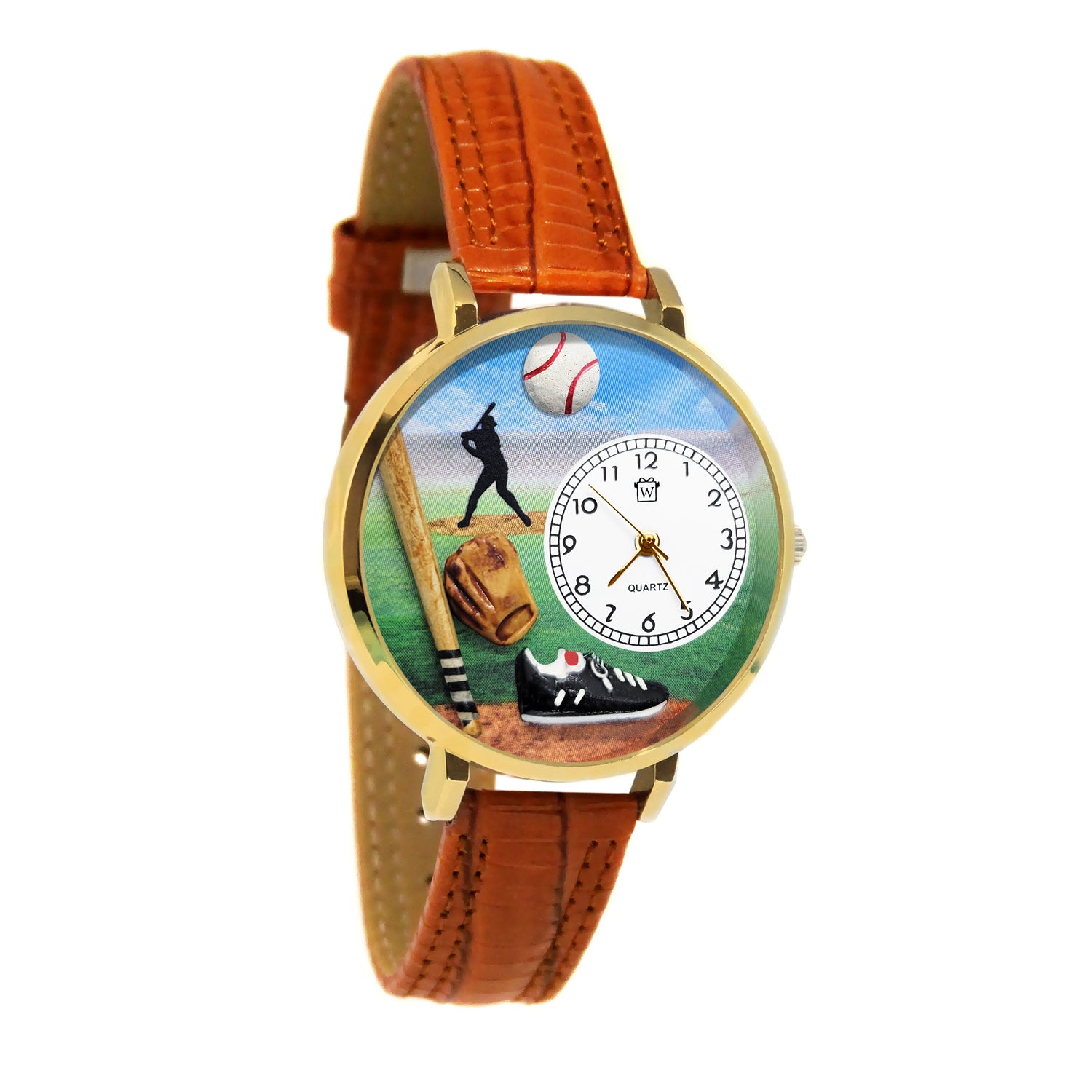 Whimsical Gifts | Baseball 3D Watch Large Style | Handmade in USA | Hobbies & Special Interests | Sports | Novelty Unique Fun Miniatures Gift | Gold Finish Tan Leather Watch Band