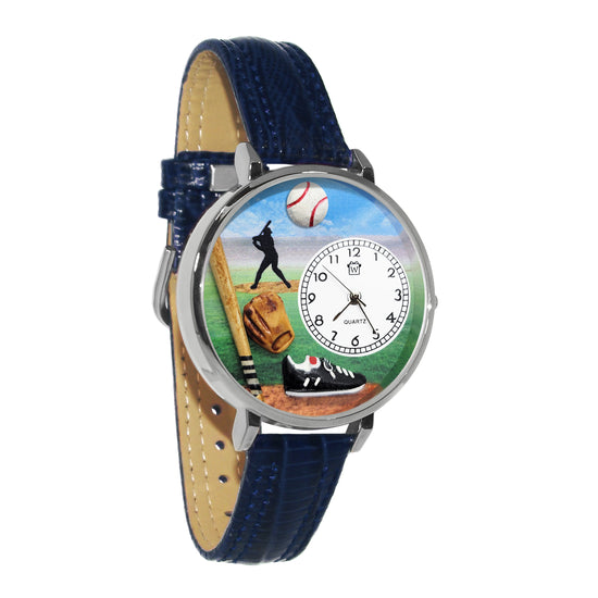 Whimsical Gifts | Baseball 3D Watch Large Style | Handmade in USA | Hobbies & Special Interests | Sports | Novelty Unique Fun Miniatures Gift | Silver Finish Navy Blue Leather Watch Band