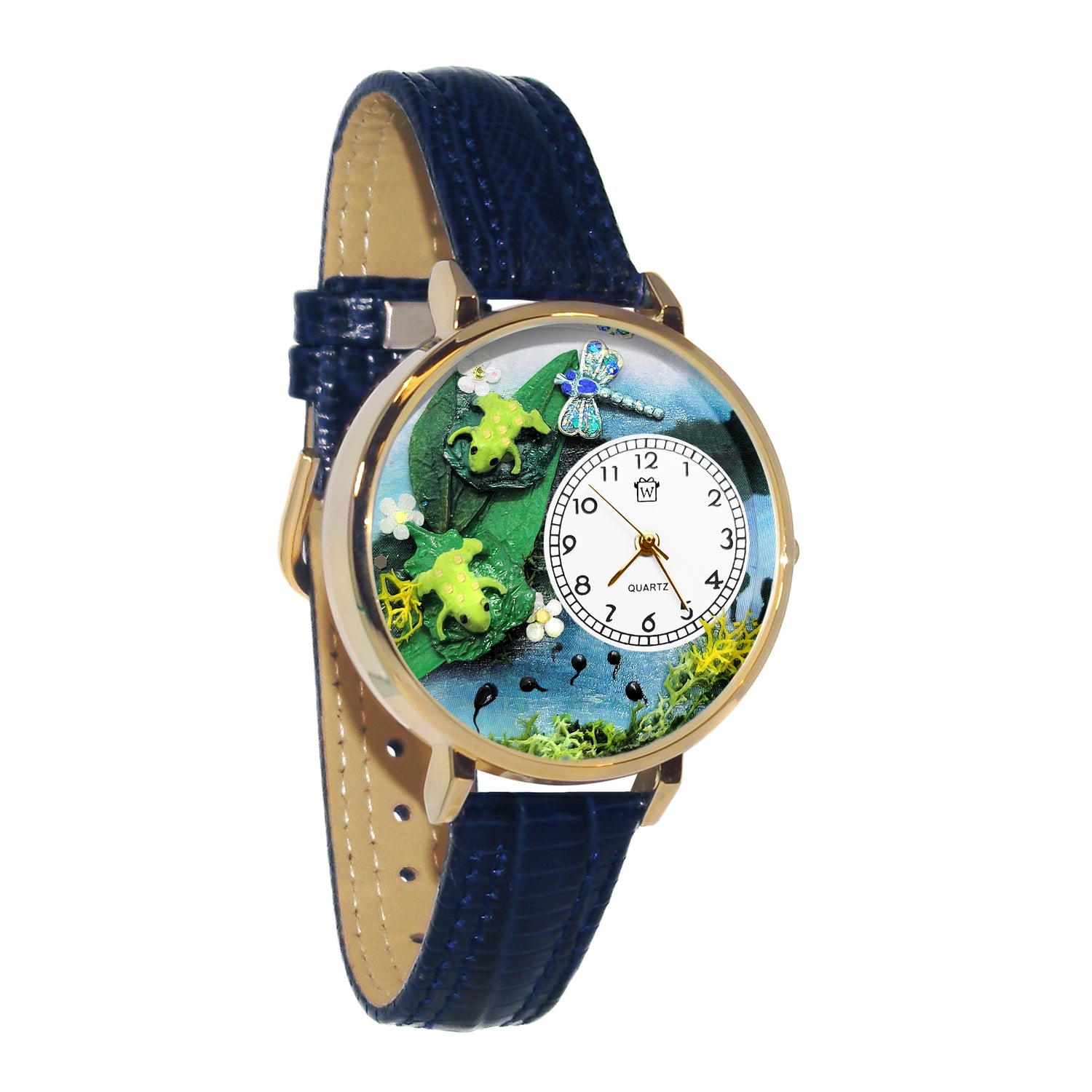 Whimsical Gifts | Frogs 3D Watch Large Style | Handmade in USA | Animal Lover | Outdoor & Garden | Novelty Unique Fun Miniatures Gift | Gold Finish Navy Blue Leather Watch Band