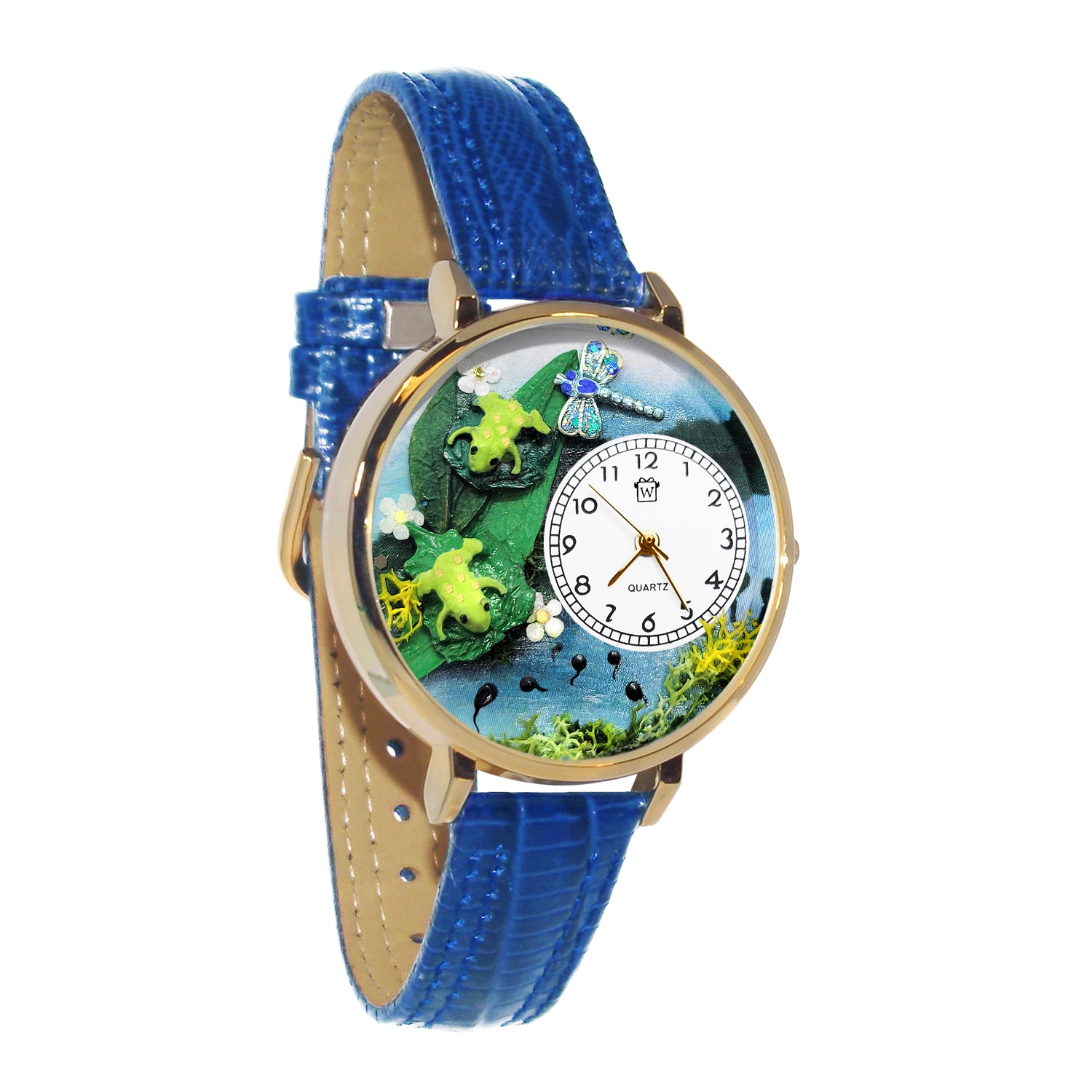 Whimsical Gifts | Frogs 3D Watch Large Style | Handmade in USA | Animal Lover | Outdoor & Garden | Novelty Unique Fun Miniatures Gift | Gold Finish Royal Blue Leather Watch Band