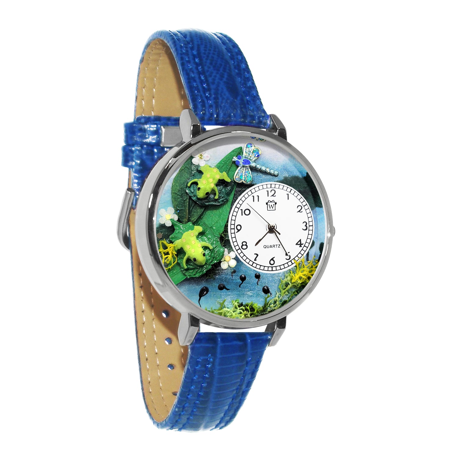 Whimsical Gifts | Frogs 3D Watch Large Style | Handmade in USA | Animal Lover | Outdoor & Garden | Novelty Unique Fun Miniatures Gift | Silver Finish Royal Blue Leather Watch Band