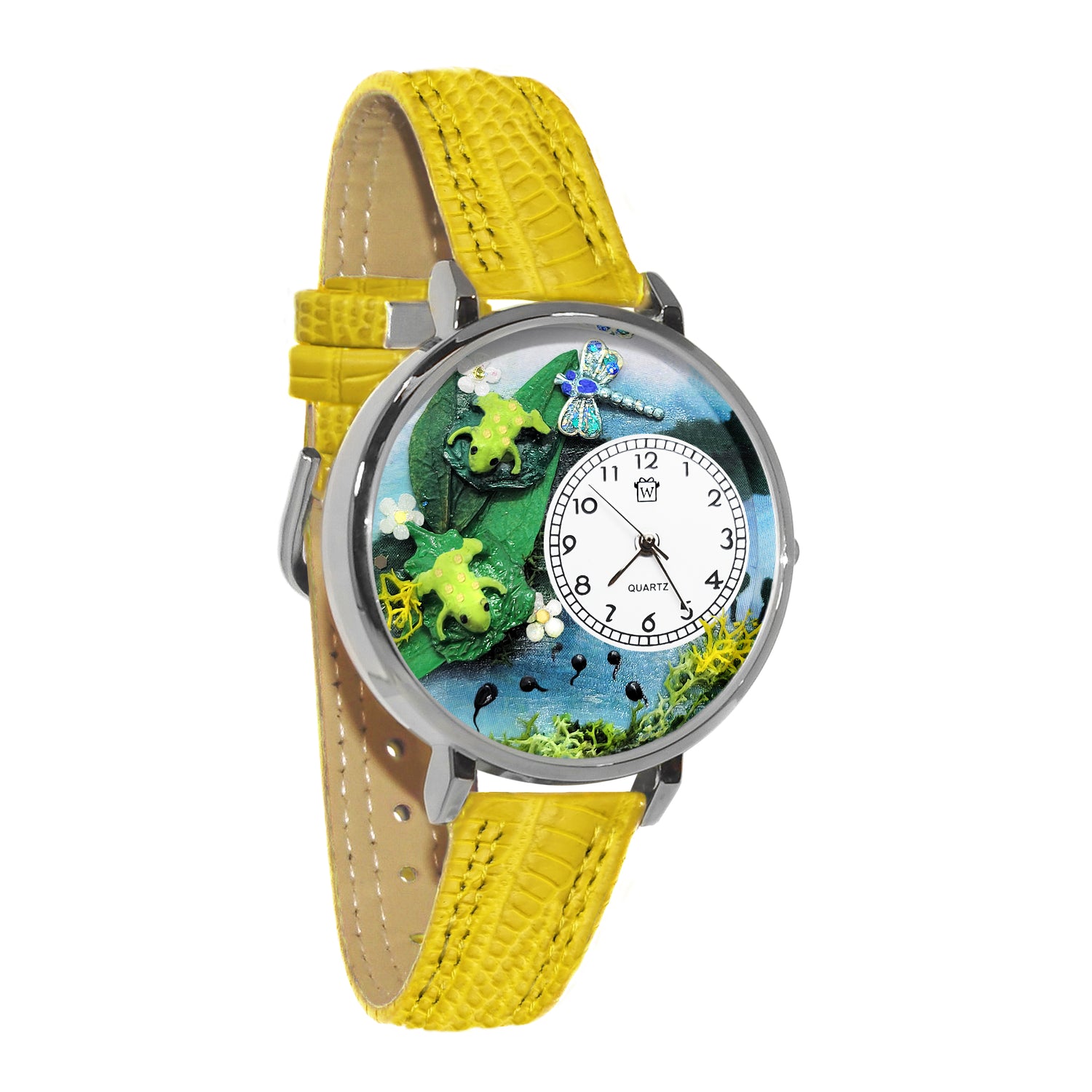 Whimsical Gifts | Frogs 3D Watch Large Style | Handmade in USA | Animal Lover | Outdoor & Garden | Novelty Unique Fun Miniatures Gift | Silver Finish Yellow Leather Watch Band