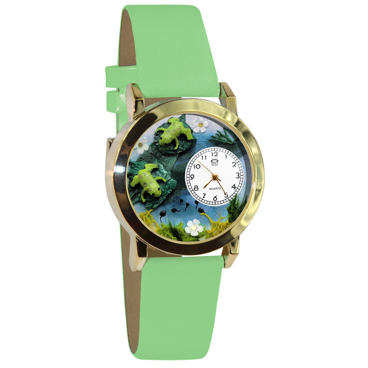Whimsical Gifts | Frogs 3D Watch Small Style | Handmade in USA | Animal Lover | Outdoor & Garden | Novelty Unique Fun Miniatures Gift | Gold Finish Green Leather Watch Band