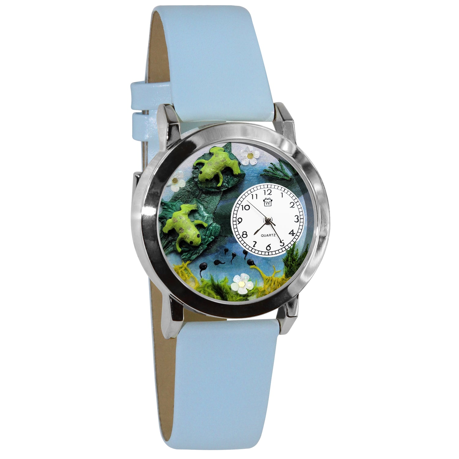 Whimsical Gifts | Frogs 3D Watch Small Style | Handmade in USA | Animal Lover | Outdoor & Garden | Novelty Unique Fun Miniatures Gift | Silver Finish Light Blue Leather Watch Band