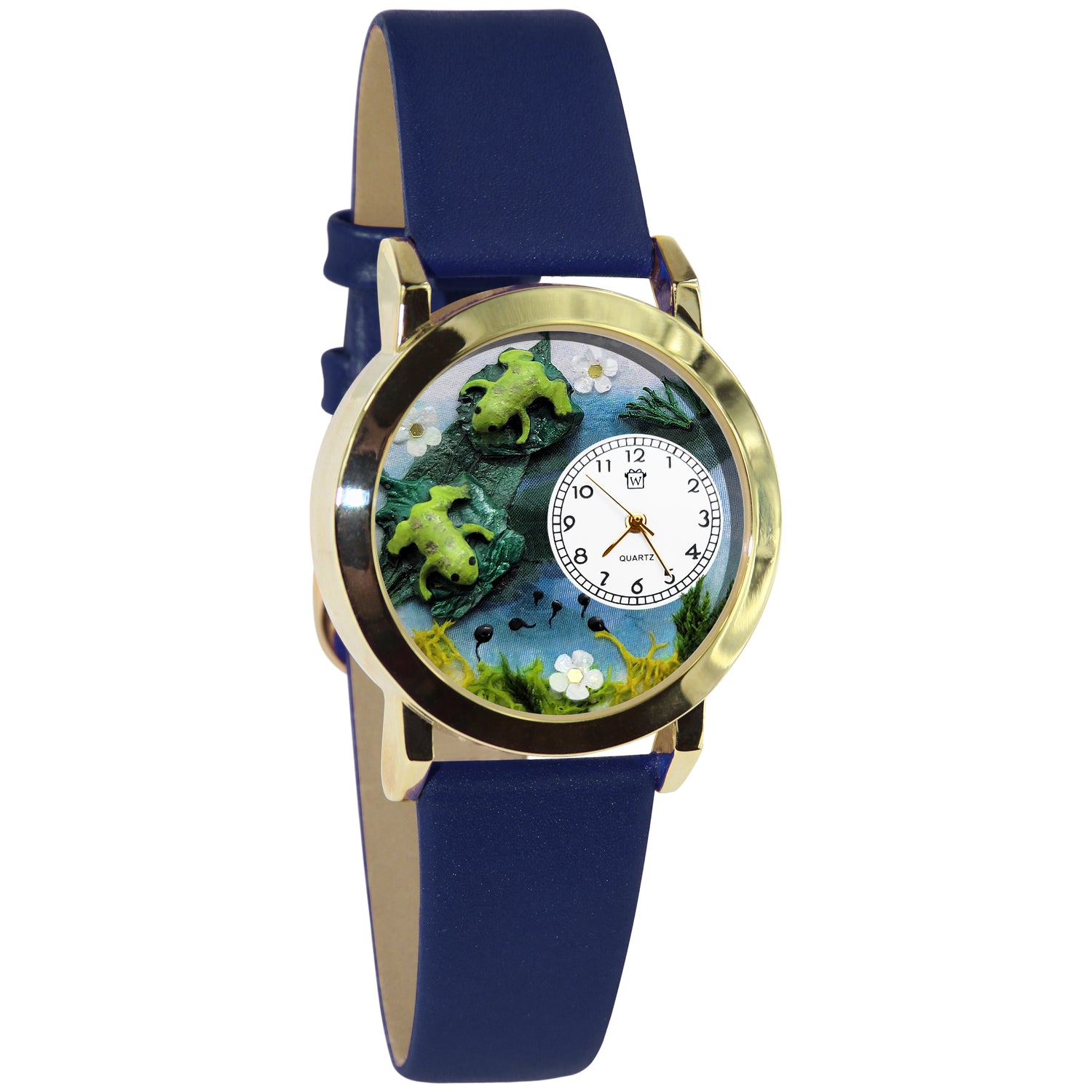 Whimsical Gifts | Frogs 3D Watch Small Style | Handmade in USA | Animal Lover | Outdoor & Garden | Novelty Unique Fun Miniatures Gift | Gold Finish Navy Blue Leather Watch Band