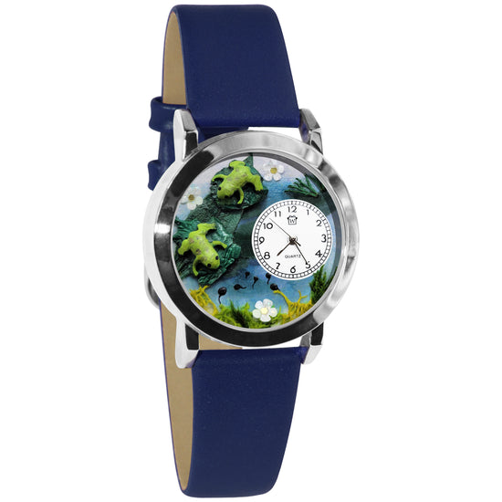 Whimsical Gifts | Frogs 3D Watch Small Style | Handmade in USA | Animal Lover | Outdoor & Garden | Novelty Unique Fun Miniatures Gift | Silver Finish Navy Blue Leather Watch Band