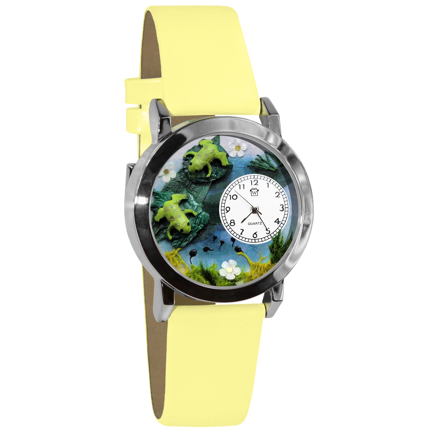 Whimsical Gifts | Frogs 3D Watch Small Style | Handmade in USA | Animal Lover | Outdoor & Garden | Novelty Unique Fun Miniatures Gift | Silver Finish Yellow Leather Watch Band