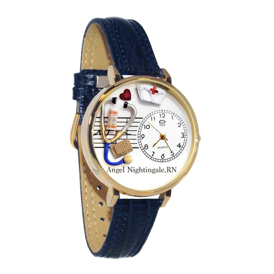 Whimsical Gifts | Personalized Nurse Red Cross 3D Watch Large Style | Handmade in USA | Professions Themed | Nurse | Novelty Unique Fun Miniatures Gift | Gold Finish Navy Blue Leather Watch Band