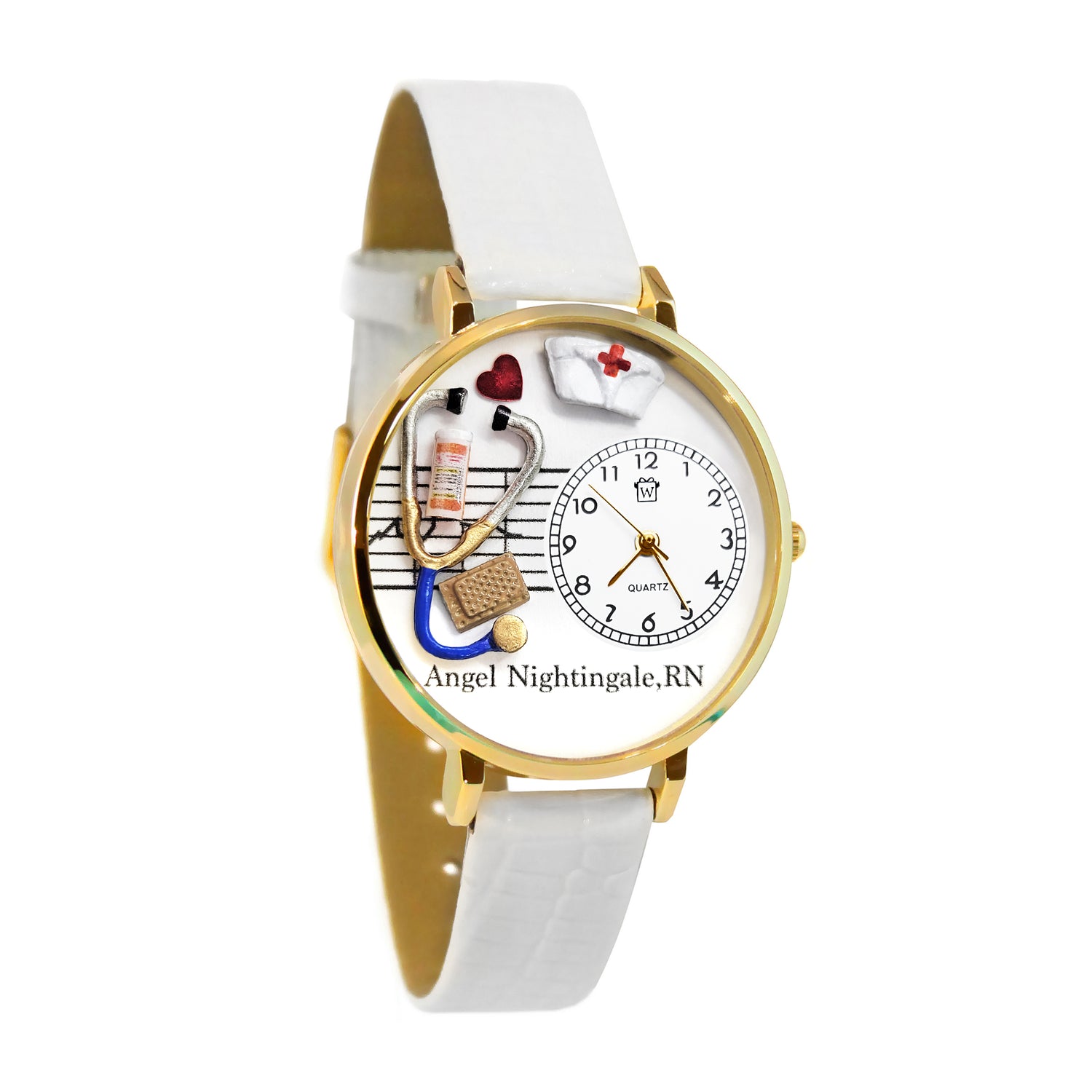 Whimsical Gifts | Personalized Nurse Red Cross 3D Watch Large Style | Handmade in USA | Professions Themed | Nurse | Novelty Unique Fun Miniatures Gift | Gold Finish White Leather Watch Band