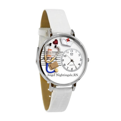 Whimsical Gifts | Personalized Nurse Red Cross 3D Watch Large Style | Handmade in USA | Professions Themed | Nurse | Novelty Unique Fun Miniatures Gift | Silver Finish White Leather Watch Band