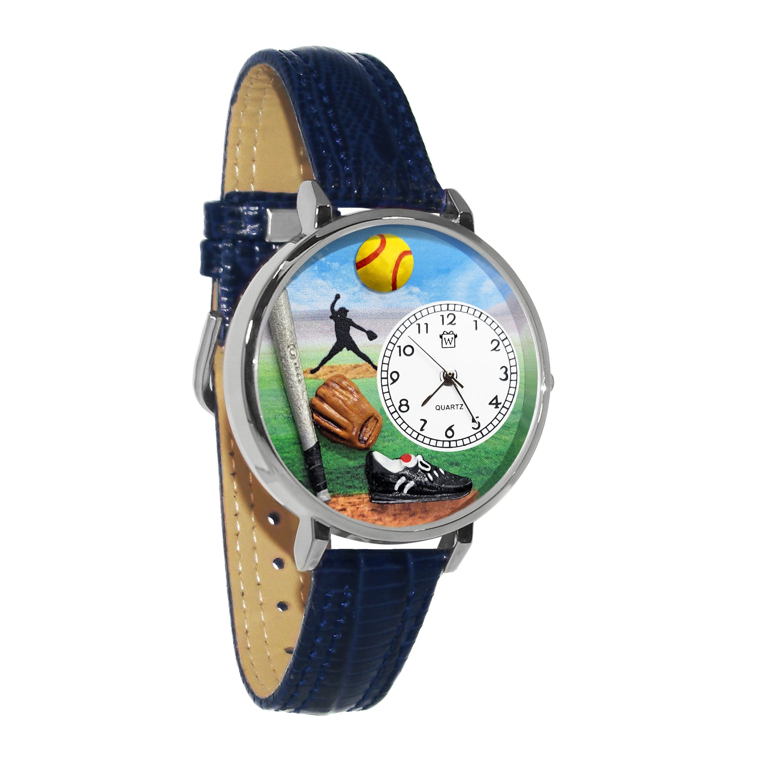 Whimsical Gifts | Softball 3D Watch Large Style | Handmade in USA | Hobbies & Special Interests | Sports | Novelty Unique Fun Miniatures Gift | Silver Finish Navy Blue Leather Watch Band