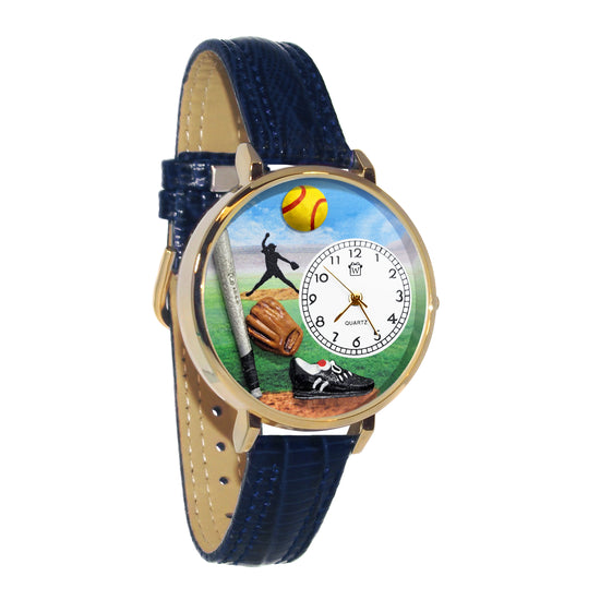 Whimsical Gifts | Softball 3D Watch Large Style | Handmade in USA | Hobbies & Special Interests | Sports | Novelty Unique Fun Miniatures Gift | Gold Finish Navy Blue Leather Watch Band