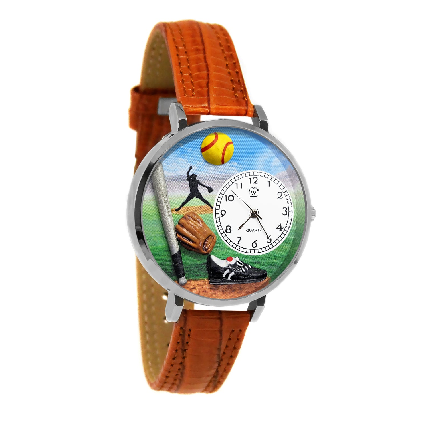 Whimsical Gifts | Softball 3D Watch Large Style | Handmade in USA | Hobbies & Special Interests | Sports | Novelty Unique Fun Miniatures Gift | Silver Finish Tan Leather Watch Band