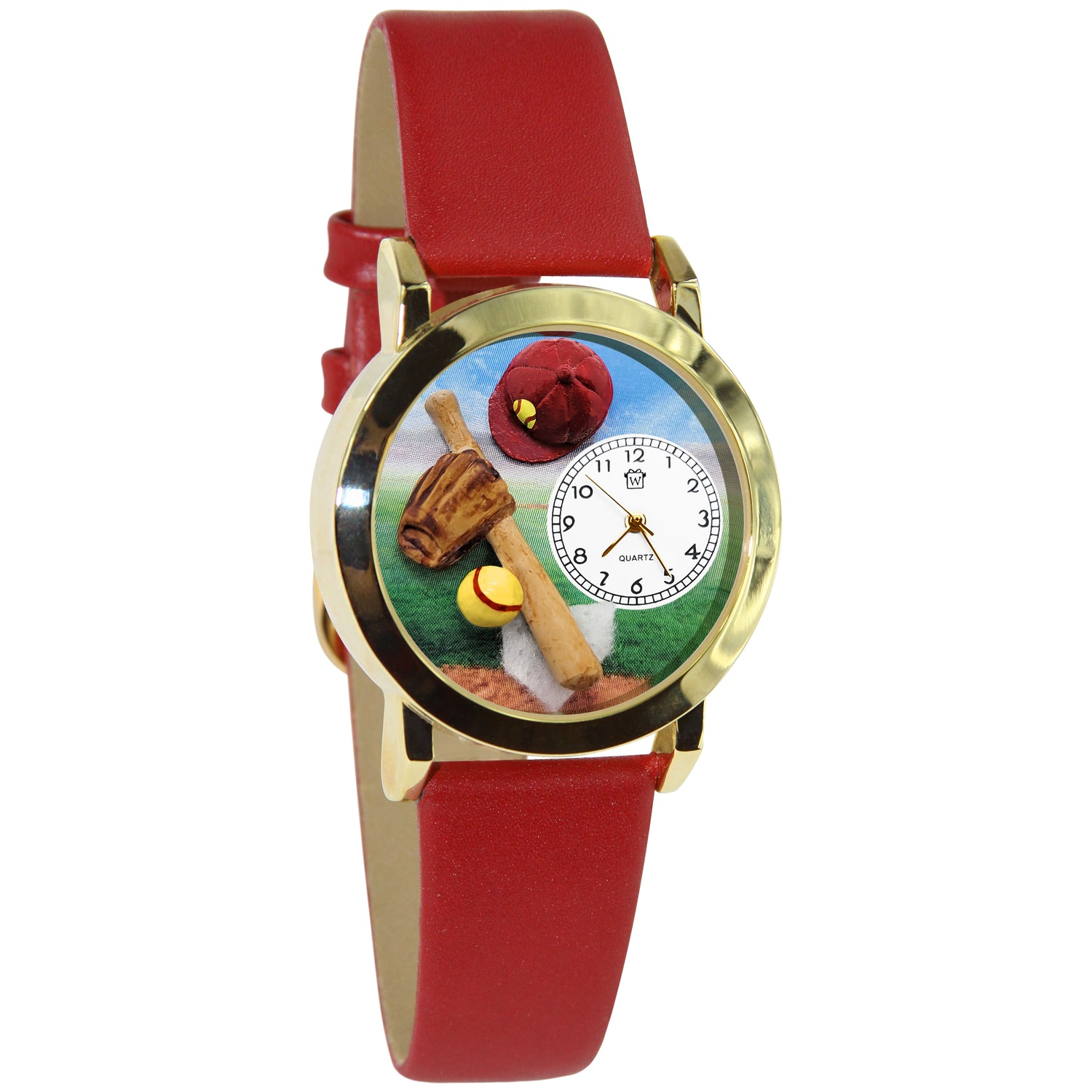 Whimsical Gifts | Softball 3D Watch Small Style | Handmade in USA | Hobbies & Special Interests | Sports | Novelty Unique Fun Miniatures Gift | Gold Finish Red Leather Watch Band