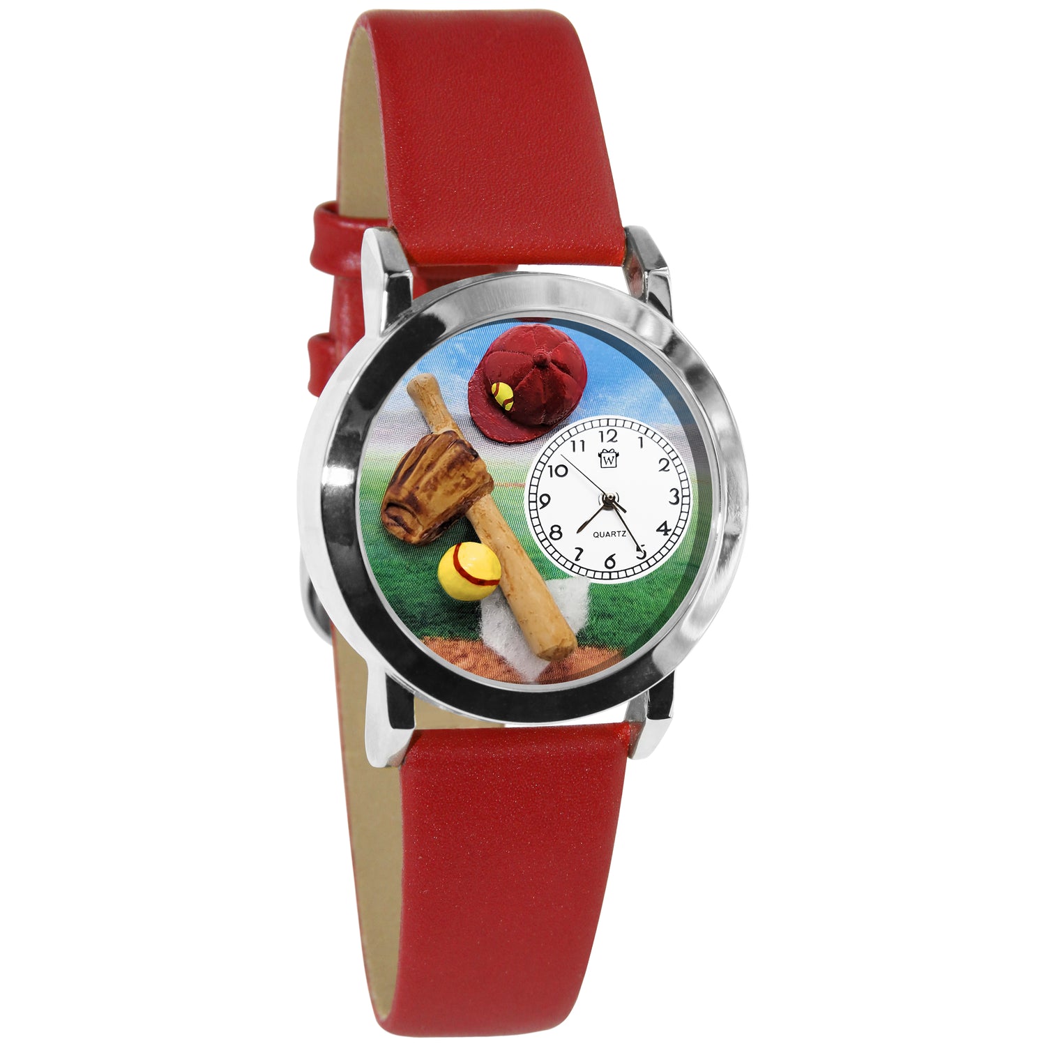 Whimsical Gifts | Softball 3D Watch Small Style | Handmade in USA | Hobbies & Special Interests | Sports | Novelty Unique Fun Miniatures Gift | Sivler Finish Red Leather Watch Band