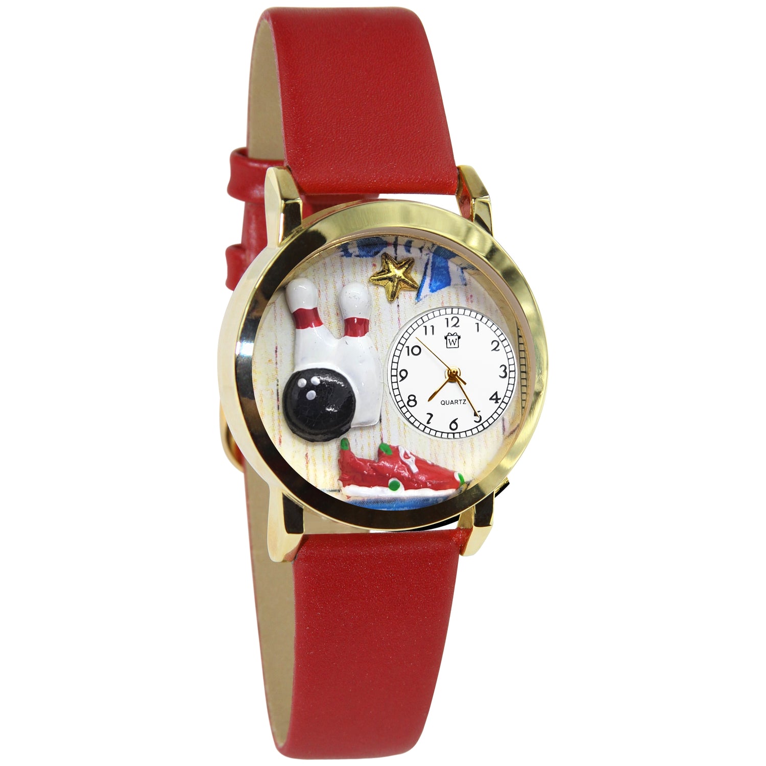 Whimsical Gifts | Bowling 3D Watch Small Style | Handmade in USA | Hobbies & Special Interests | Sports | Novelty Unique Fun Miniatures Gift | Gold Finish Red Leather Watch Band