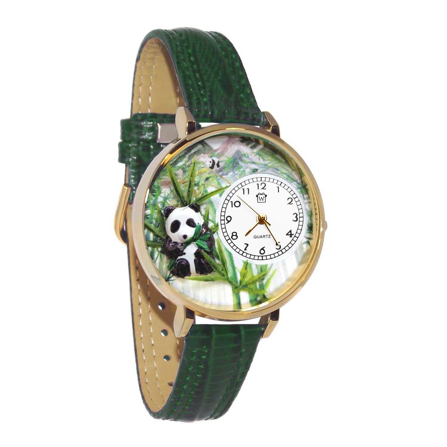 Whimsical Gifts | Panda 3D Watch Large Style | Handmade in USA | Animal Lover | Zoo & Sealife | Novelty Unique Fun Miniatures Gift | Gold Finish Green Leather Watch Band