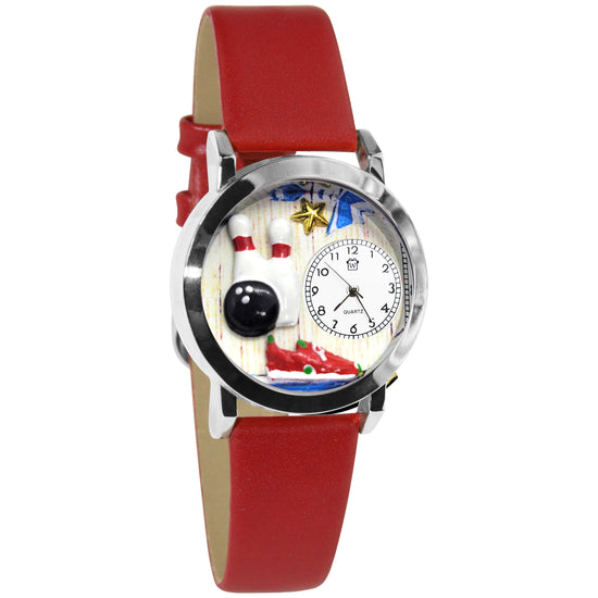 Whimsical Gifts | Bowling 3D Watch Small Style | Handmade in USA | Hobbies & Special Interests | Sports | Novelty Unique Fun Miniatures Gift | Silver Finish Red Leather Watch Band