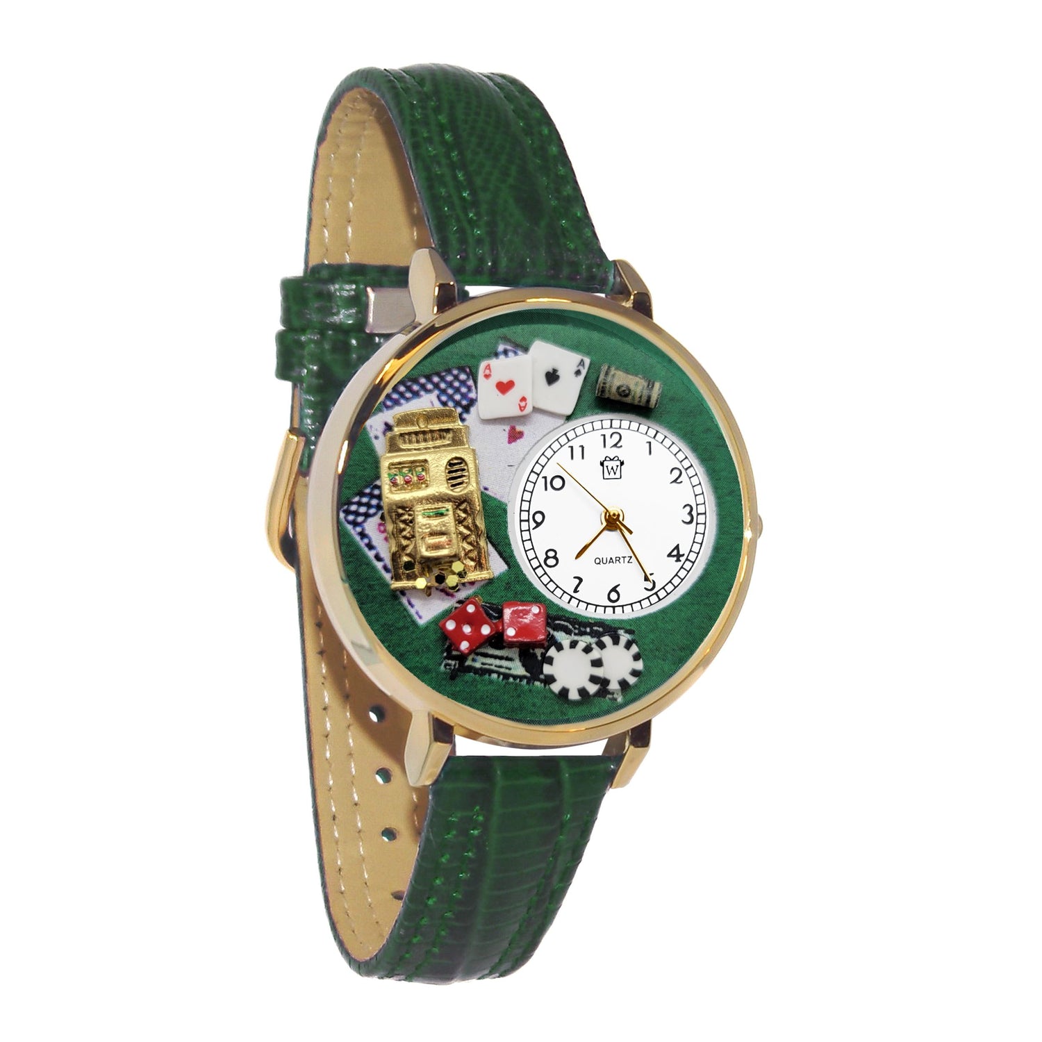 Whimsical Gifts | Casino Slot Machine 3D Watch Large Style | Handmade in USA | Hobbies & Special Interests | Casino & Gaming | Novelty Unique Fun Miniatures Gift | Gold Finish Green Leather Watch Band
