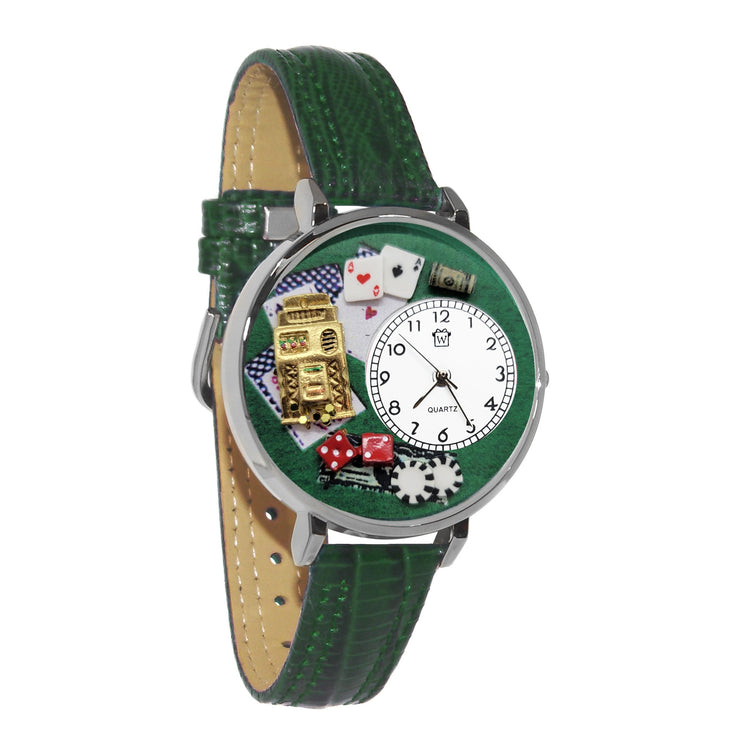 Whimsical Gifts | Casino Slot Machine 3D Watch Large Style | Handmade in USA | Hobbies & Special Interests | Casino & Gaming | Novelty Unique Fun Miniatures Gift | Silver Finish Green Leather Watch Band