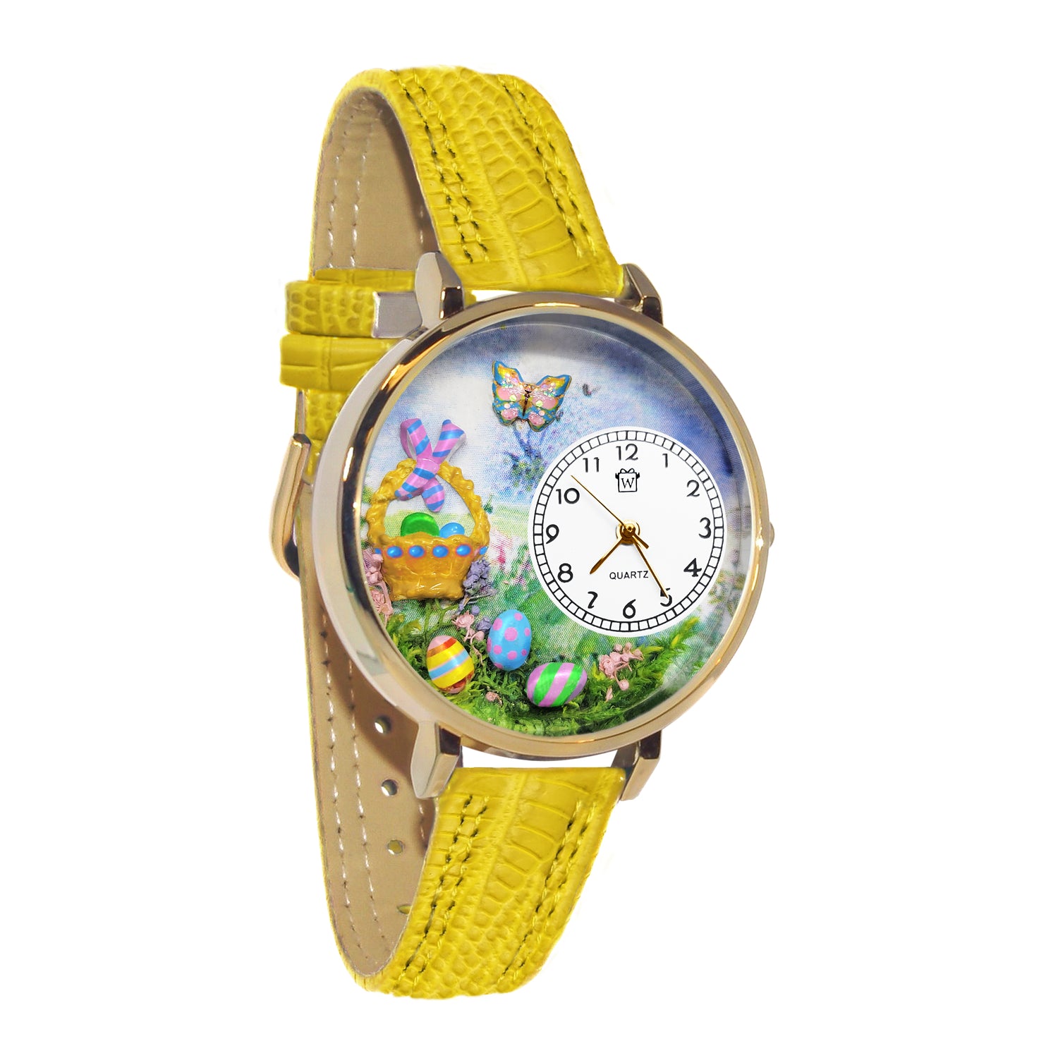 Whimsical Gifts | Easter Basket 3D Watch Large Style | Handmade in USA | Holiday & Seasonal Themed | Easter | Novelty Unique Fun Miniatures Gift | Gold Finish Yellow Leather Watch Band