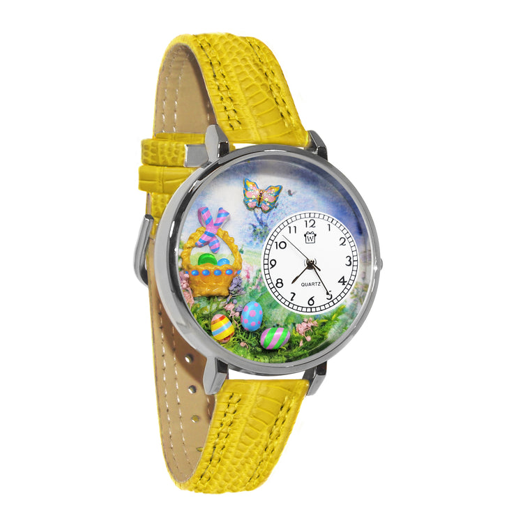 Whimsical Gifts | Easter Basket 3D Watch Large Style | Handmade in USA | Holiday & Seasonal Themed | Easter | Novelty Unique Fun Miniatures Gift | Silver Finish Yellow Leather Watch Band