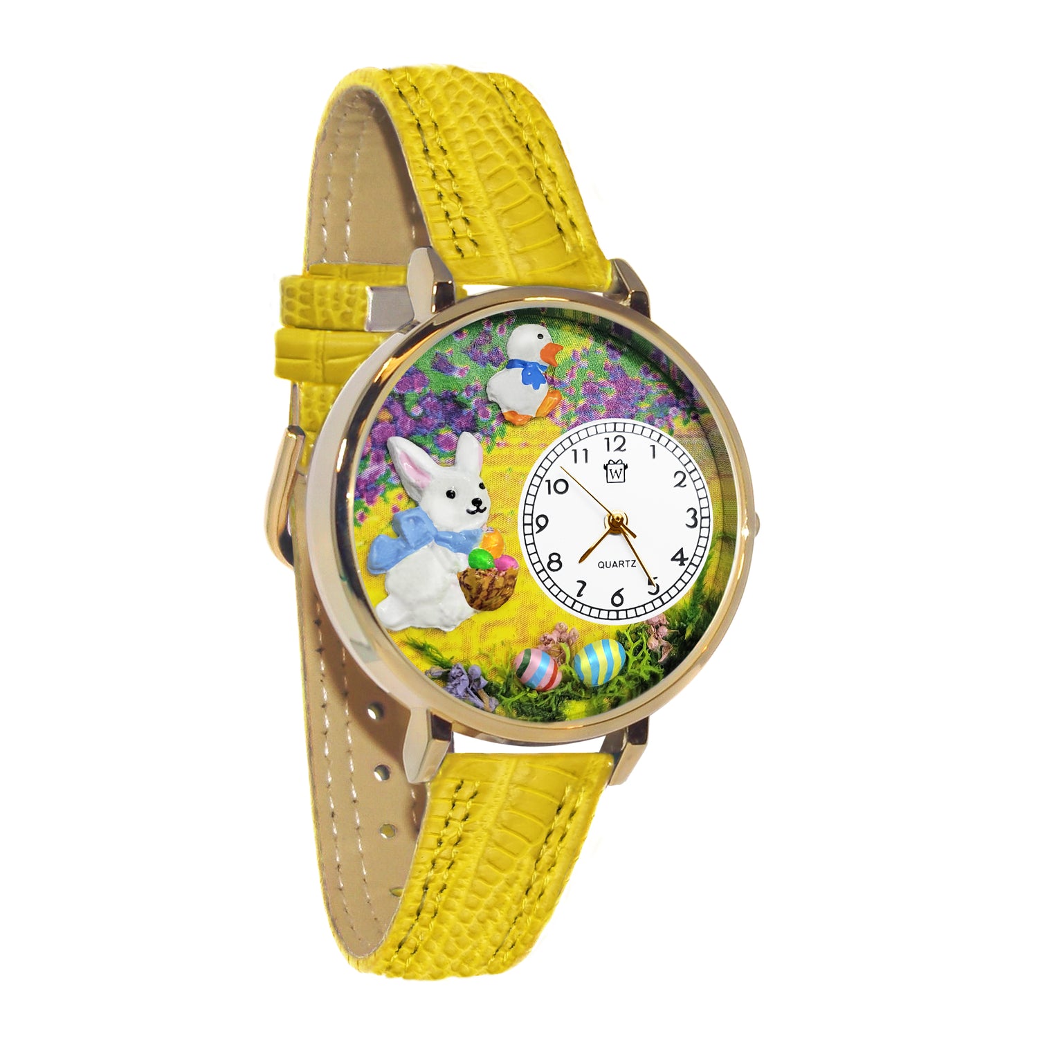 Whimsical Gifts | Easter Bunny 3D Watch Large Style | Handmade in USA | Holiday & Seasonal Themed | Easter | Novelty Unique Fun Miniatures Gift | Gold Finish Yellow Leather Watch Band