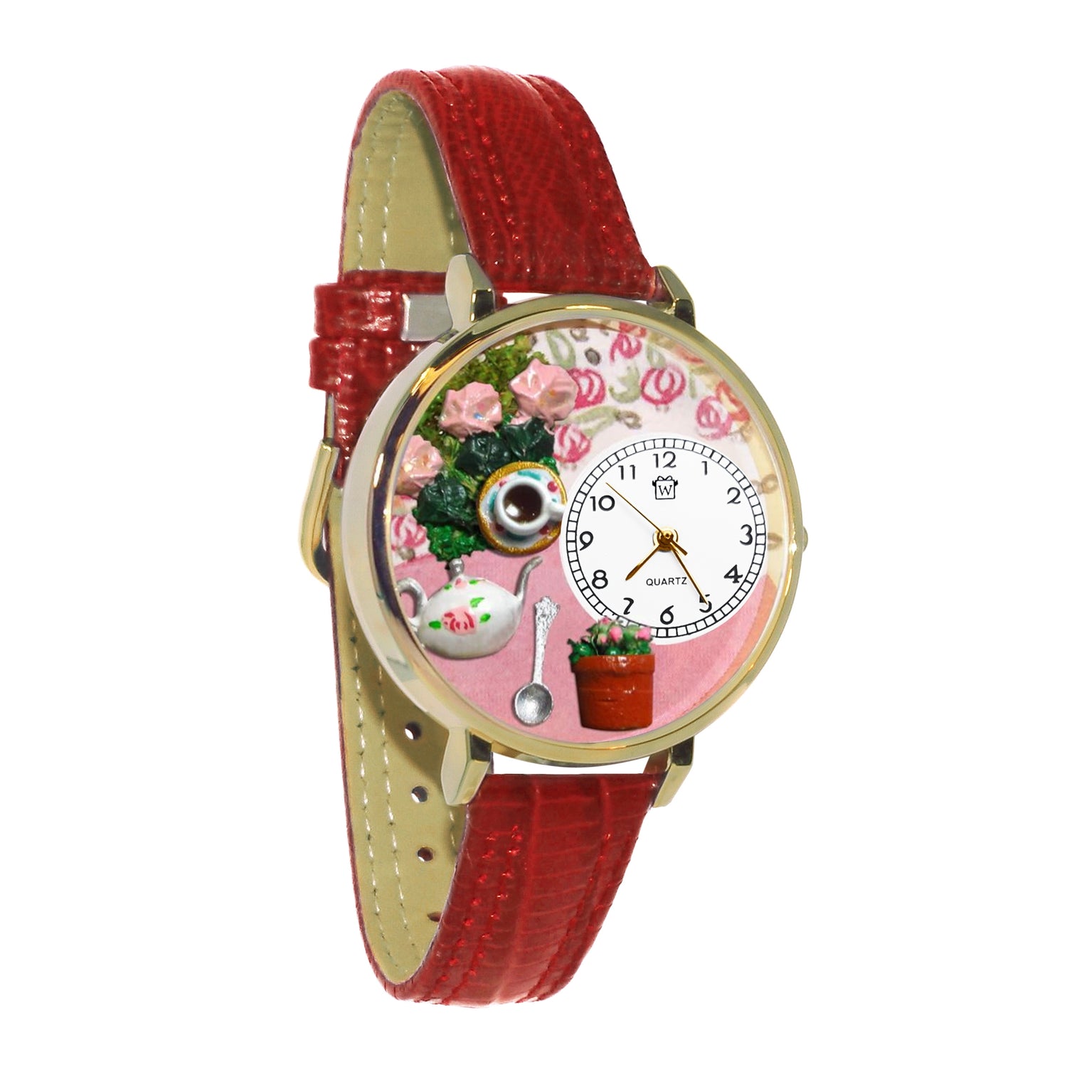 Whimsical Gifts | Tea Roses 3D Watch Large Style | Handmade in USA | Hobbies & Special Interests | Food & Wine | Novelty Unique Fun Miniatures Gift | Gold Finish Red Leather Watch Band