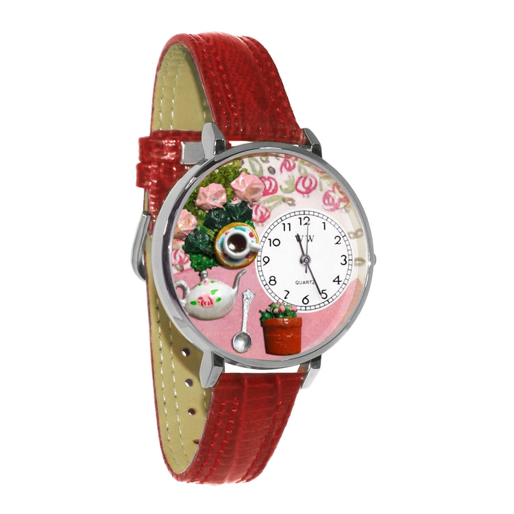 Whimsical Gifts | Tea Roses 3D Watch Large Style | Handmade in USA | Hobbies & Special Interests | Food & Wine | Novelty Unique Fun Miniatures Gift | Silver Finish Red Leather Watch Band