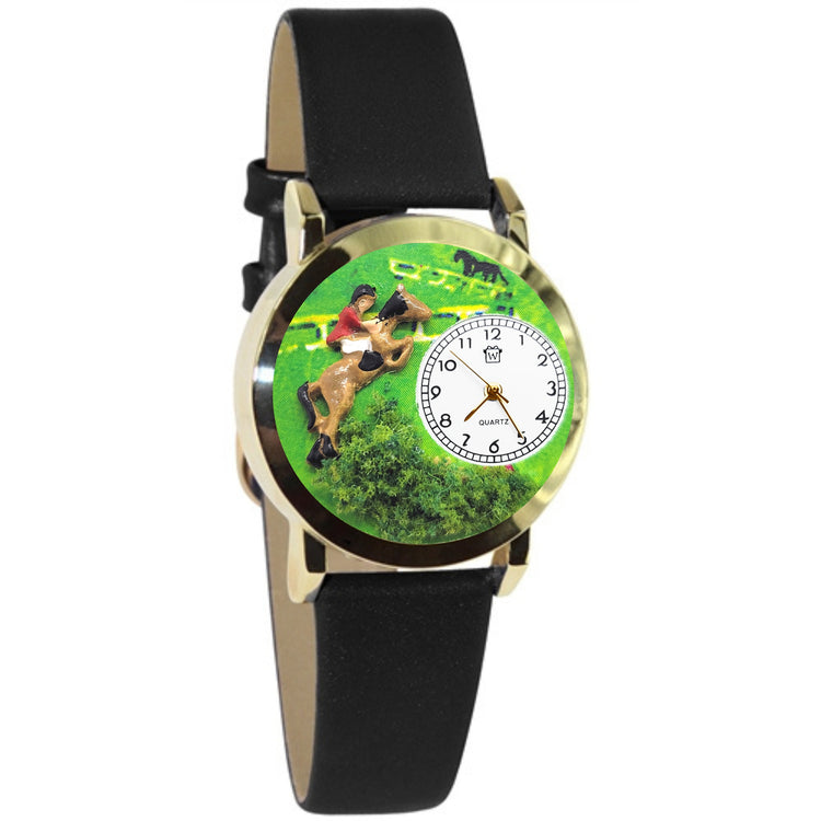 Whimsical Gifts | Horse Jumping Competition Equestrian 3D Watch Small Style | Handmade in USA | Animal Lover | Horse & Equestrian | Novelty Unique Fun Miniatures Gift | Gold Finish Black Leather Watch Band
