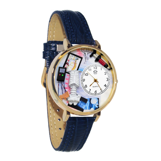 Whimsical Gifts | Chiropractor 3D Watch Large Style | Handmade in USA | Professions Themed | Medical Professions | Novelty Unique Fun Miniatures Gift | Gold Finish Navy Blue Leather Watch Band