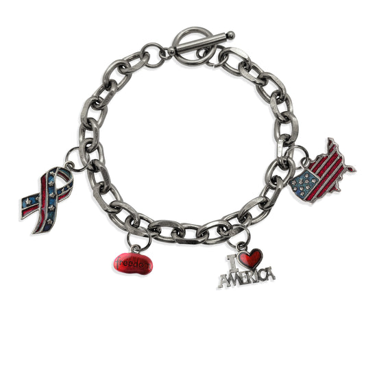 Whimsical Gifts | American Patriotic Toggle Charm Bracelet | 4 Handpainted Charms | Antique Gold or Antique Silver Finish in Antique Silver Finish | Patriotic |  Jewelry