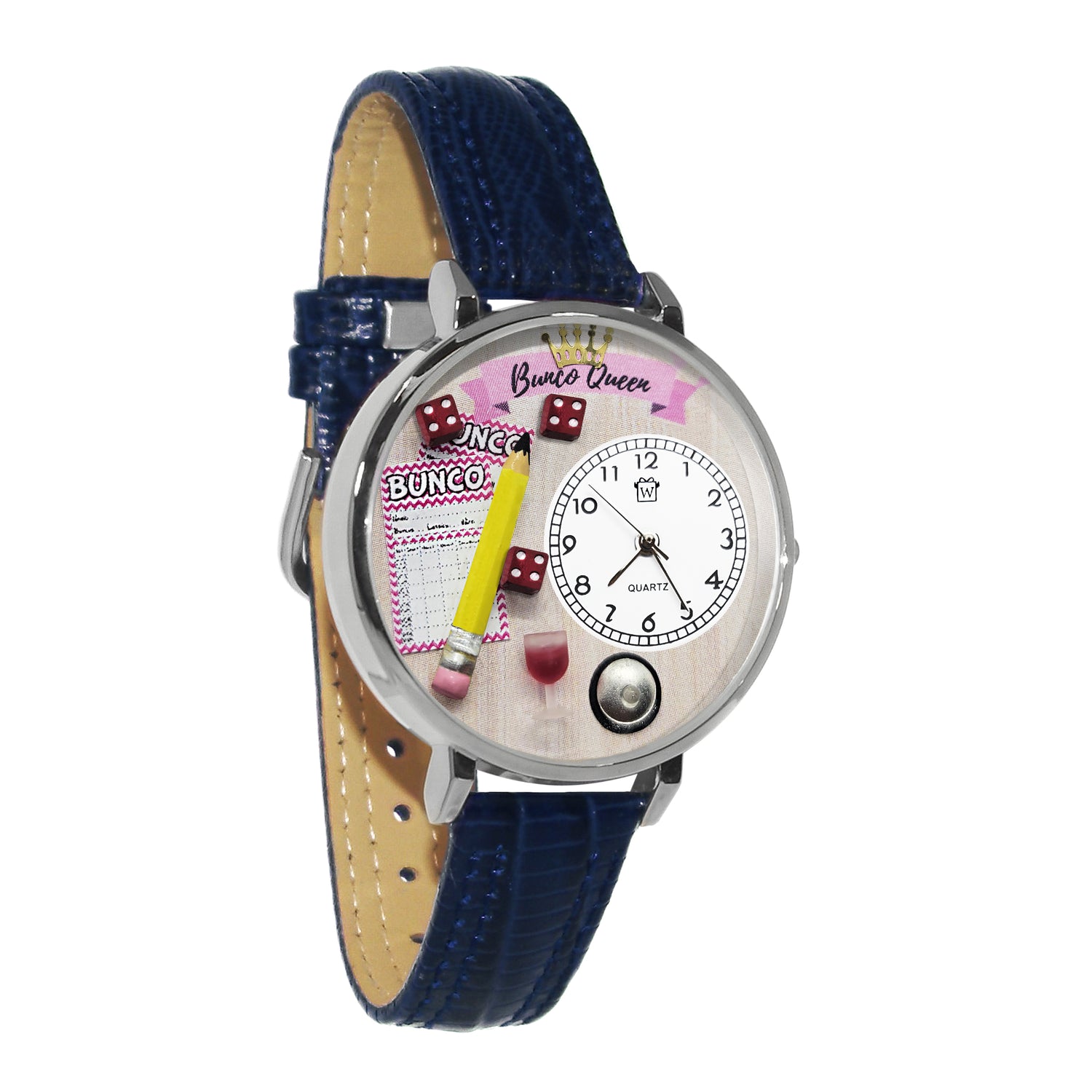 Whimsical Gifts | Bunco Queen 3D Watch Large Style | Handmade in USA | Hobbies & Special Interests | Casino | Gaming | Game Night | Novelty Unique Fun Miniatures Gift | Silver Finish Navy Blue Leather Watch Band