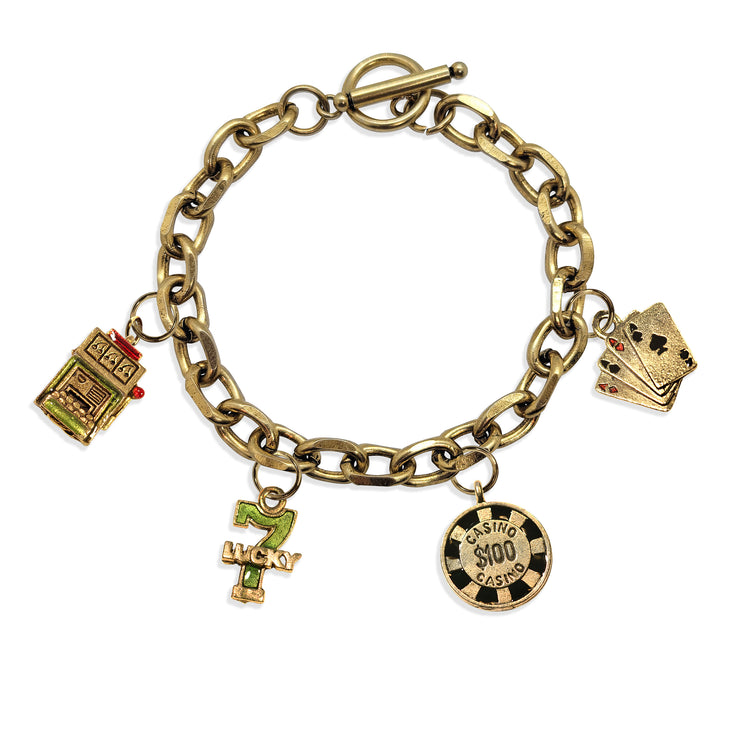 Whimsical Gifts | Casino Toggle Charm Bracelet | 4 Handpainted Charms | Antique Gold or Antique Silver Finish in Antique Gold Finish | Hobbies & Special Interests | Casino | Gaming | Game Night Jewelry