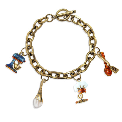 Whimsical Gifts | Chef Toggle Charm Bracelet | 4 Handpainted Charms | Antique Gold or Antique Silver Finish in Antique Gold Finish | Hobbies & Special Interests | Chef | Cooking | Baking Jewelry