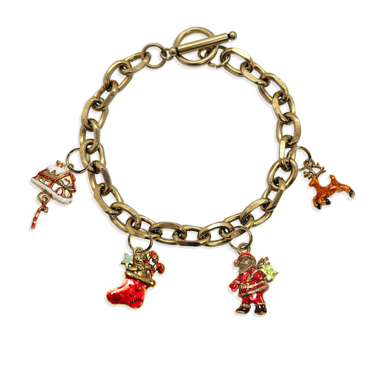 Whimsical Gifts | Christmas Toggle Charm Bracelet | 4 Handpainted Charms | Antique Gold or Antique Silver Finish in Antique Gold Finish | Holiday & Seasonal Themed | Christmas Jewelry