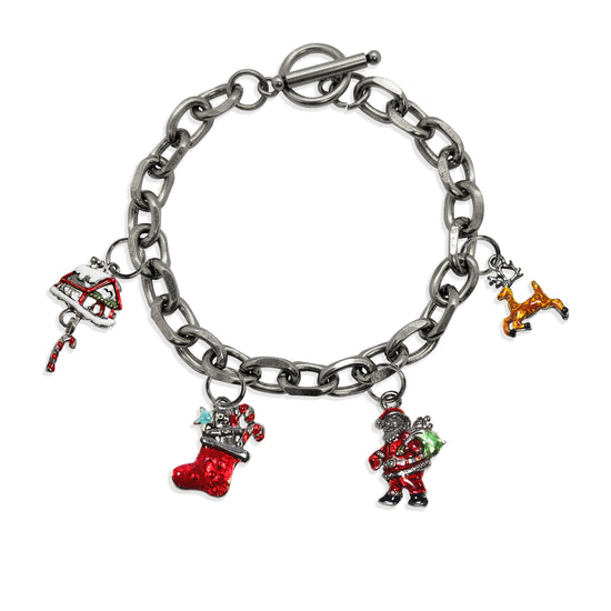 Whimsical Gifts | Christmas Toggle Charm Bracelet | 4 Handpainted Charms | Antique Gold or Antique Silver Finish in Antique Silver Finish | Holiday & Seasonal Themed | Christmas Jewelry
