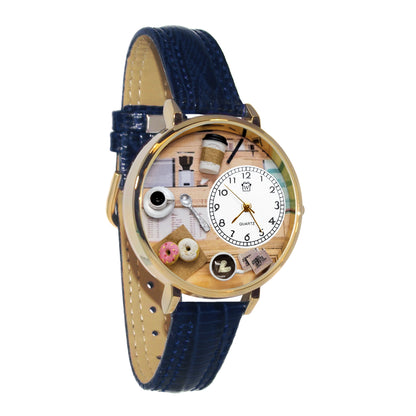 Whimsical Gifts | Coffee Lover 3D Watch Large Style | Handmade in USA | Hobbies & Special Interests | Food & Wine | Novelty Unique Fun Miniatures Gift | Gold Finish Navy Blue Leather Watch Band