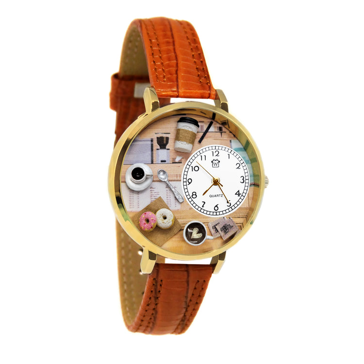 Whimsical Gifts | Coffee Lover 3D Watch Large Style | Handmade in USA | Hobbies & Special Interests | Food & Wine | Novelty Unique Fun Miniatures Gift | Gold Finish Tan Leather Watch Band