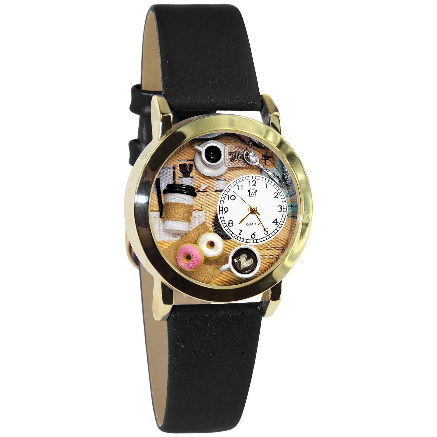 Whimsical Gifts | Coffee Lover 3D Watch Small Style | Handmade in USA | Hobbies & Special Interests | Food & Wine | Novelty Unique Fun Miniatures Gift | Gold Finish Black Leather Watch Band