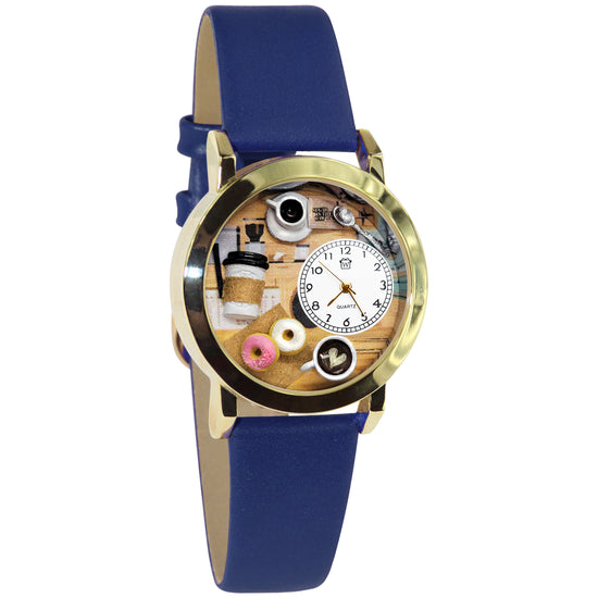 Whimsical Gifts | Coffee Lover 3D Watch Small Style | Handmade in USA | Hobbies & Special Interests | Food & Wine | Novelty Unique Fun Miniatures Gift | Gold Finish Blue Leather Watch Band